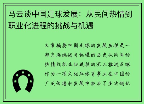 马云谈中国足球发展：从民间热情到职业化进程的挑战与机遇