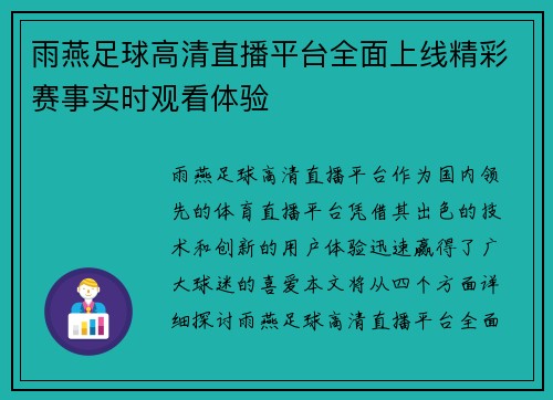 雨燕足球高清直播平台全面上线精彩赛事实时观看体验