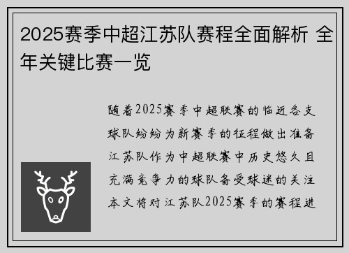 2025赛季中超江苏队赛程全面解析 全年关键比赛一览