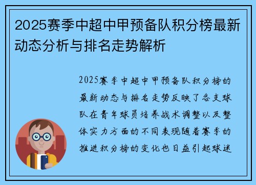 2025赛季中超中甲预备队积分榜最新动态分析与排名走势解析