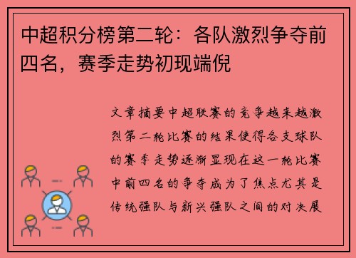 中超积分榜第二轮：各队激烈争夺前四名，赛季走势初现端倪