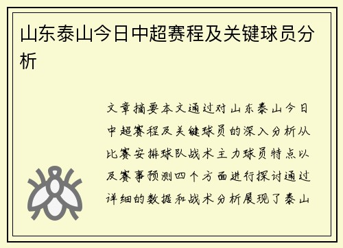 山东泰山今日中超赛程及关键球员分析